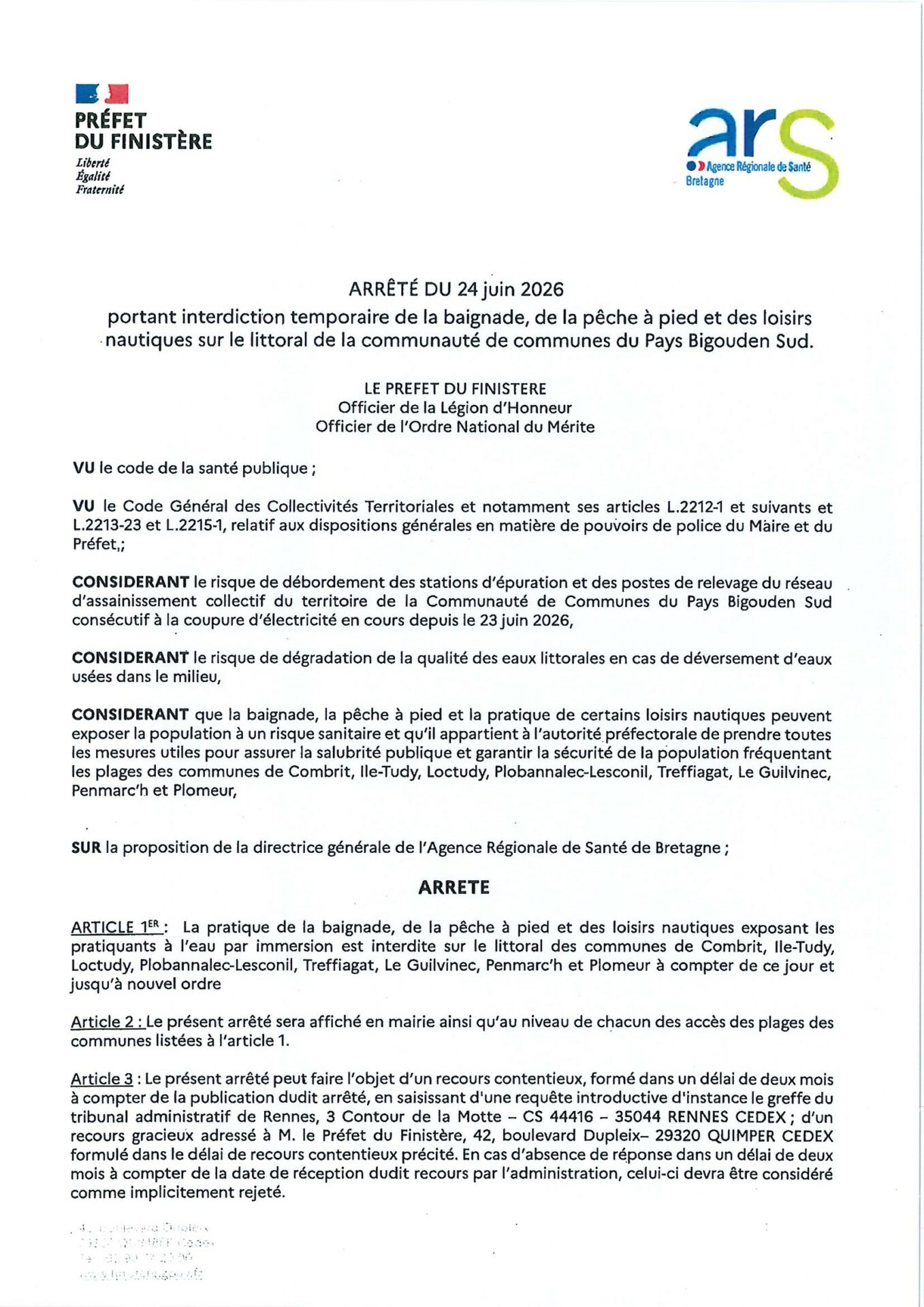 Arrêté préfectoral du 24 juin 2026 : Interdiction baignade, pêche à pied et loisirs nautiques