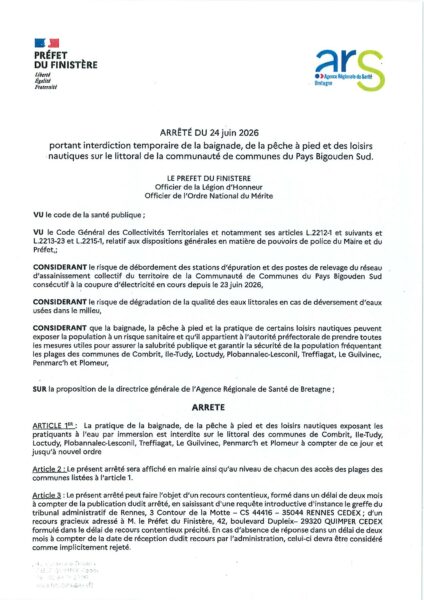 Arrêté préfectoral du 24 juin 2026 : Interdiction baignade, pêche à pied et loisirs nautiques